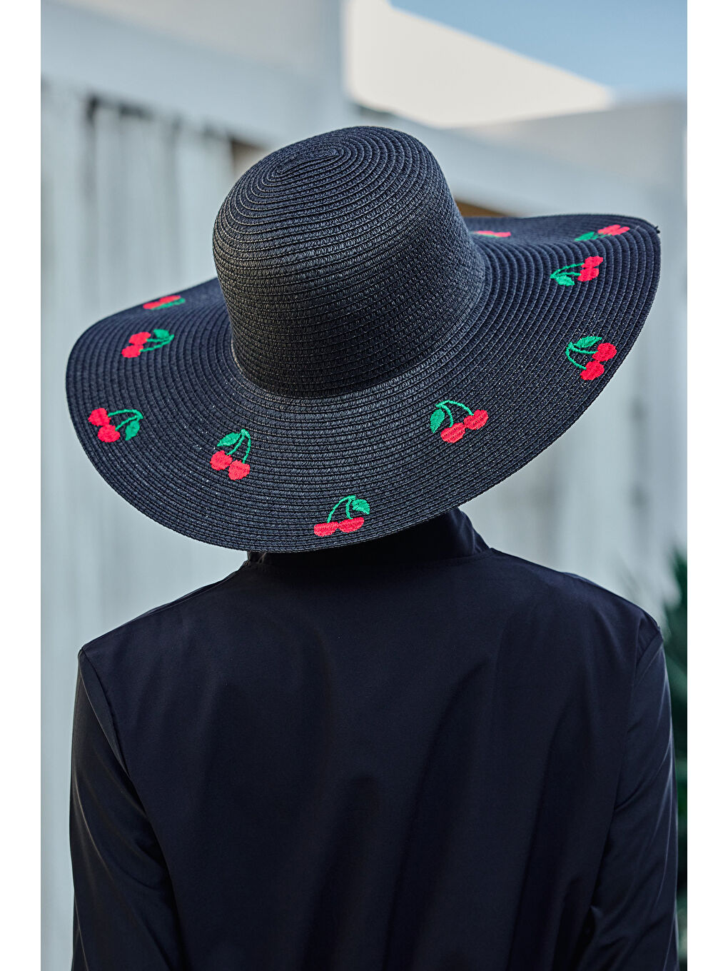 Kiraz Nakışlı Hasır Şapka Plaj Şapkası 2115 Siyah-3