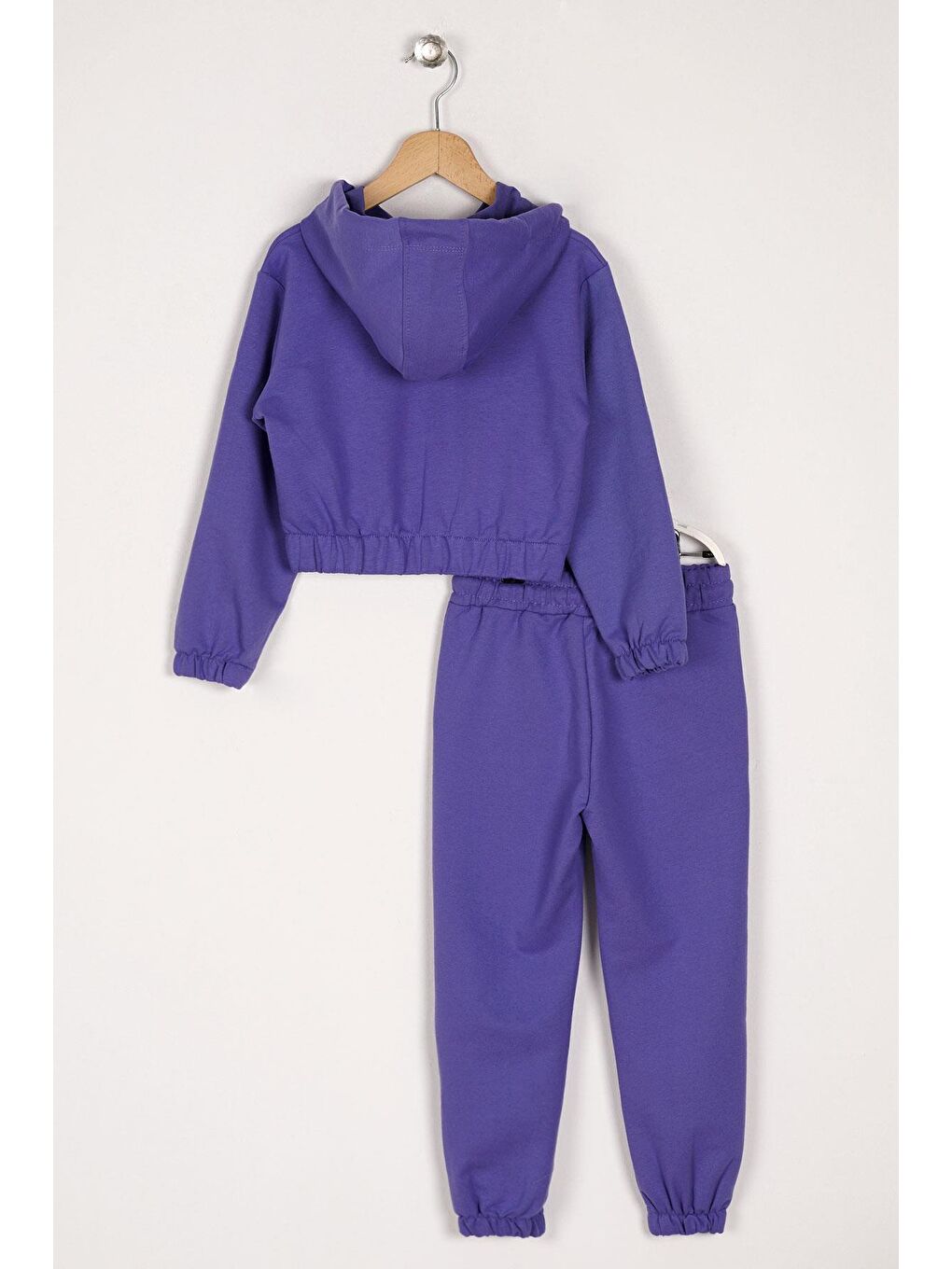 Mor Kapüşonlu Daısy Flowrs Leaf Baskılı Kız Çocuk İkili Takım-1