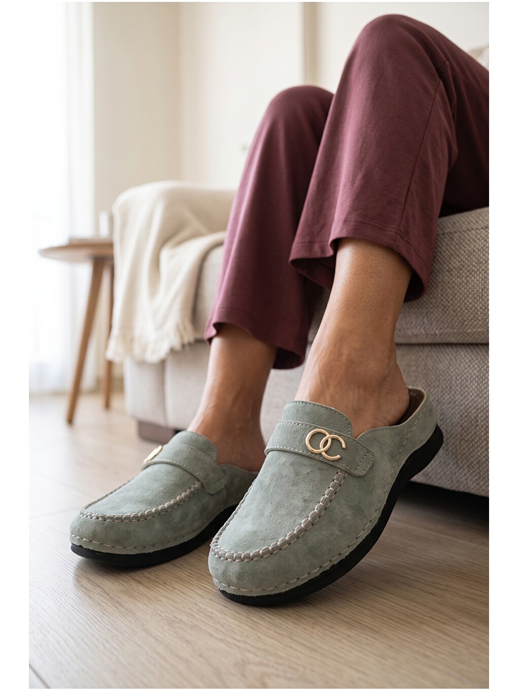 Yeşil Kadın, Süet Görünümlü, Metal Tokalı, Günlük, Casual, Konfor Terlik-5