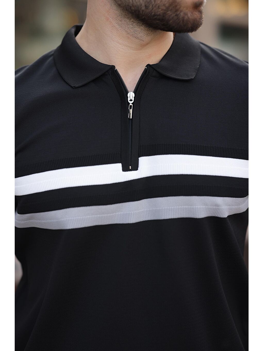Siyah Fermuarlı Polo Yaka Triko Erkek T-Shirt E7299-3