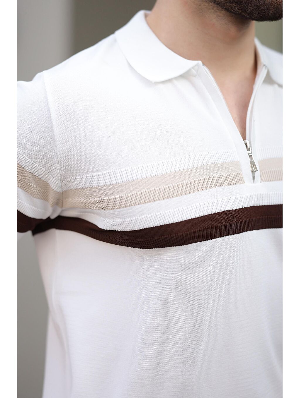 Beyaz Fermuarlı Polo Yaka Triko Erkek T-Shirt E7299-3