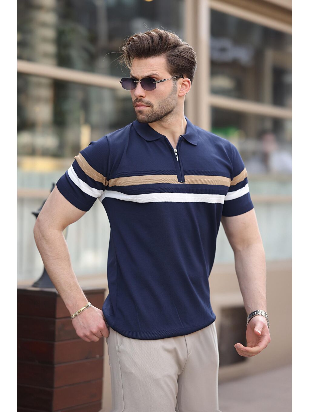 Lacivert Fermuarlı Polo Yaka Triko Erkek T-Shirt E7299-2