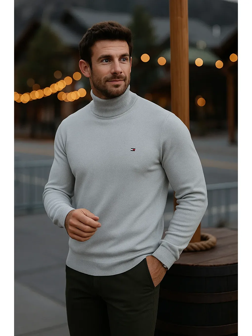 Erkek Günlük Dar Gri Tam Balıkçı Yaka Kazak-1