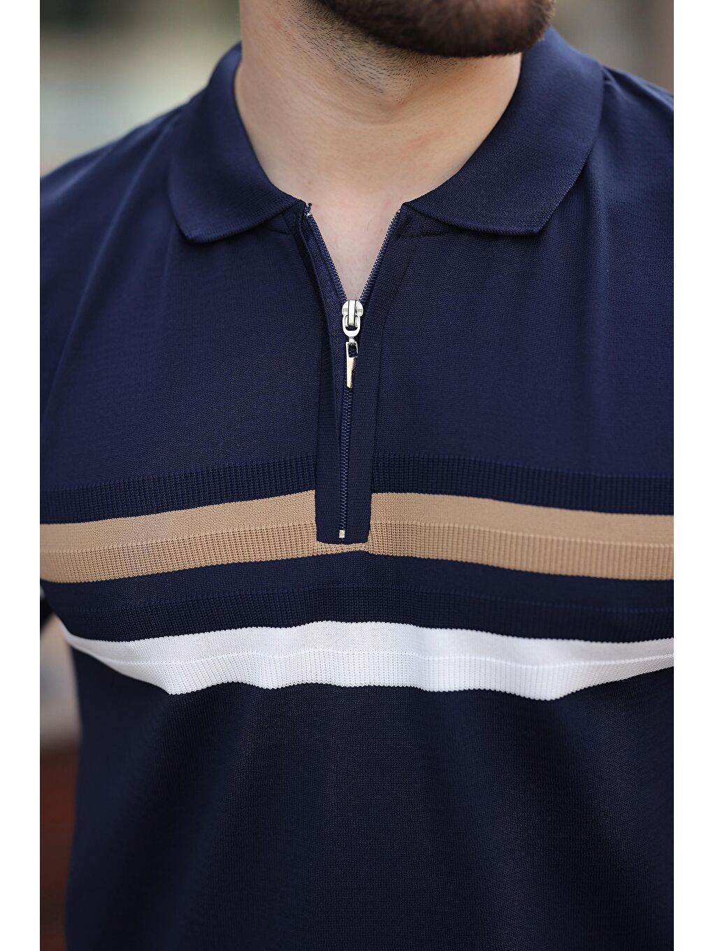 Lacivert Fermuarlı Polo Yaka Triko Erkek T-Shirt E7299-3