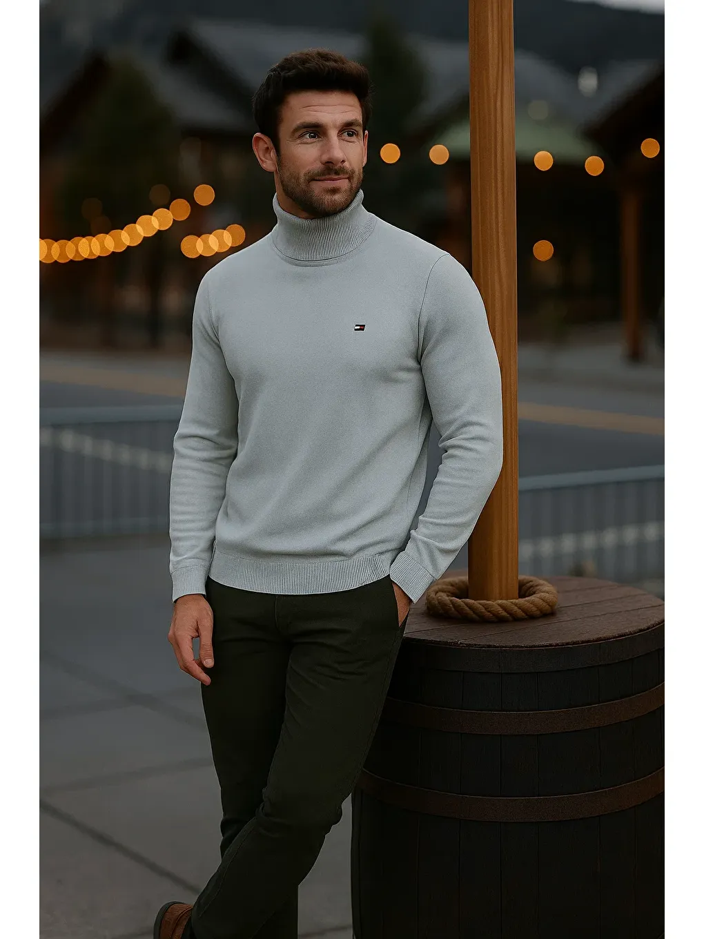 Erkek Günlük Dar Gri Tam Balıkçı Yaka Kazak-2