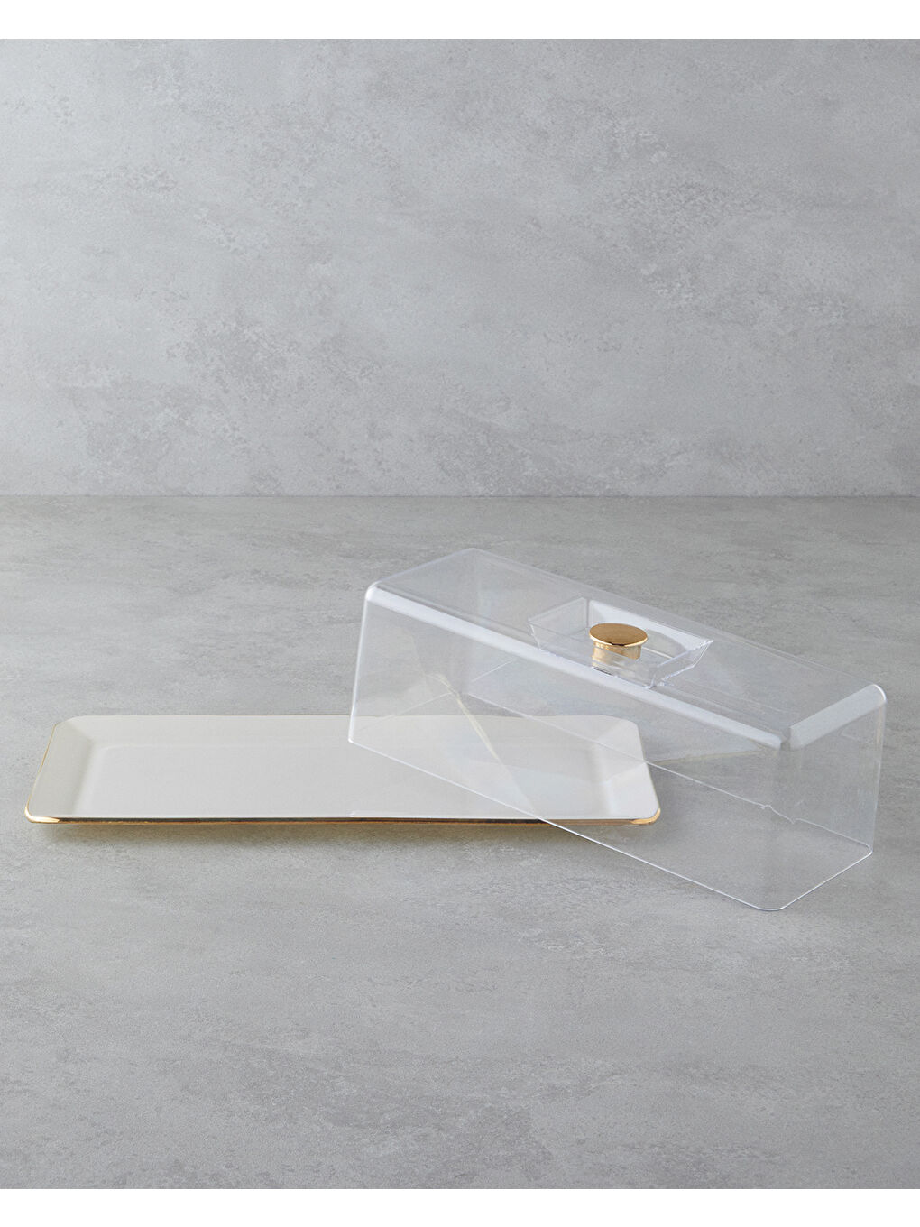 Sarı Lustre Cam Kapaklı Kek Standı 36,5x17,5 cm Krem-Gold-1