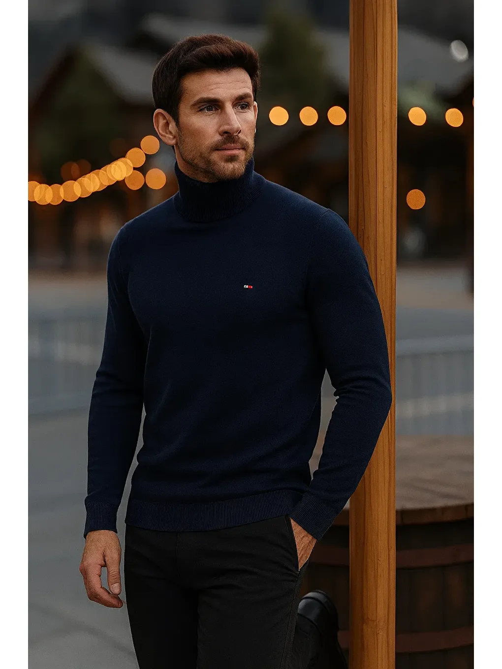 Erkek Günlük Dar Lacivert Tam Balıkçı Yaka Kazak-1