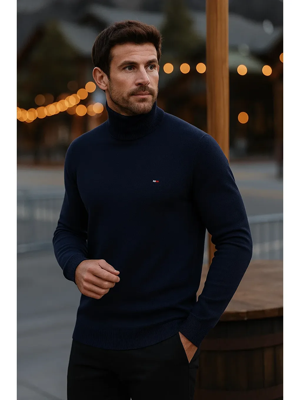 Erkek Günlük Dar Lacivert Tam Balıkçı Yaka Kazak-3