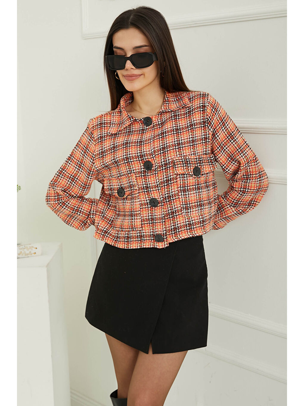 Turuncu Kadın Gömlek Yaka Düğmeli Şanel Ceket Oranj - 13361-2