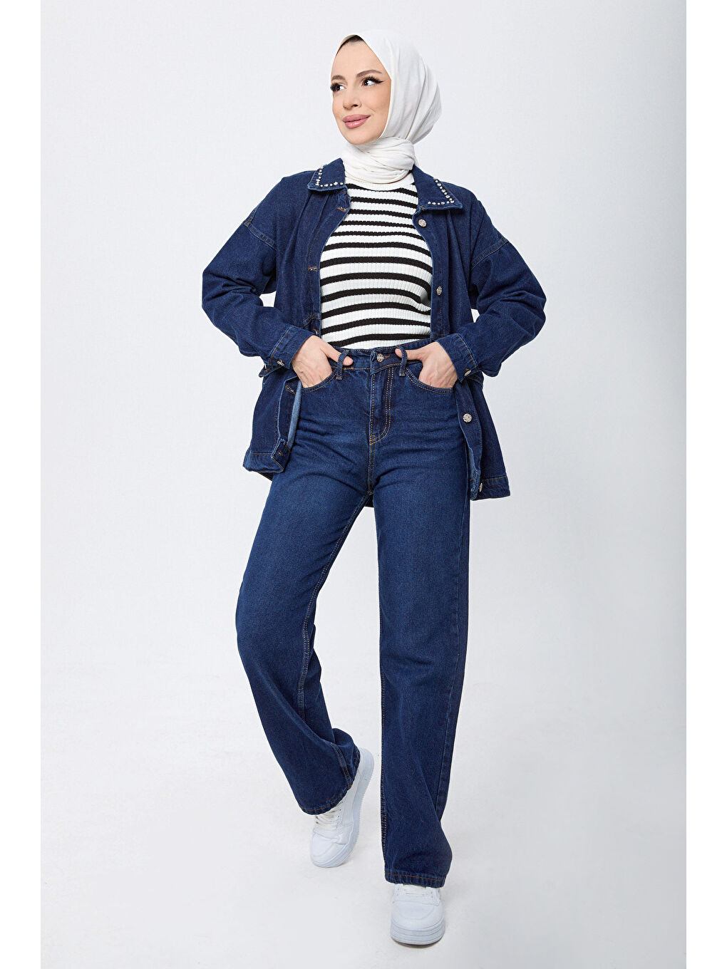 Wide Leg Yüksek Bel Jean Pantolon Koyu Mavi   23664