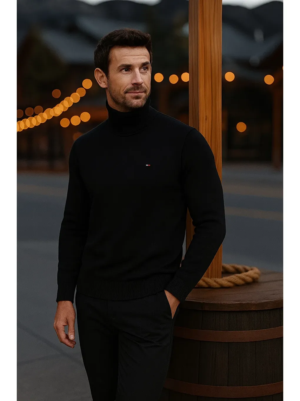 Erkek Günlük Dar Siyah Tam Balıkçı Yaka Kazak-1