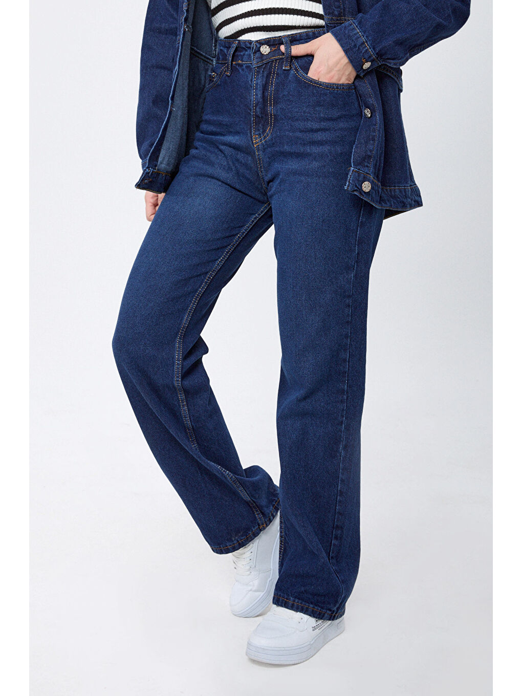 Wide Leg Yüksek Bel Jean Pantolon Koyu Mavi   23664-1