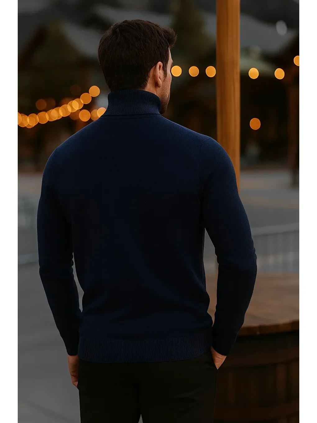 Erkek Günlük Dar Lacivert Tam Balıkçı Yaka Kazak-5