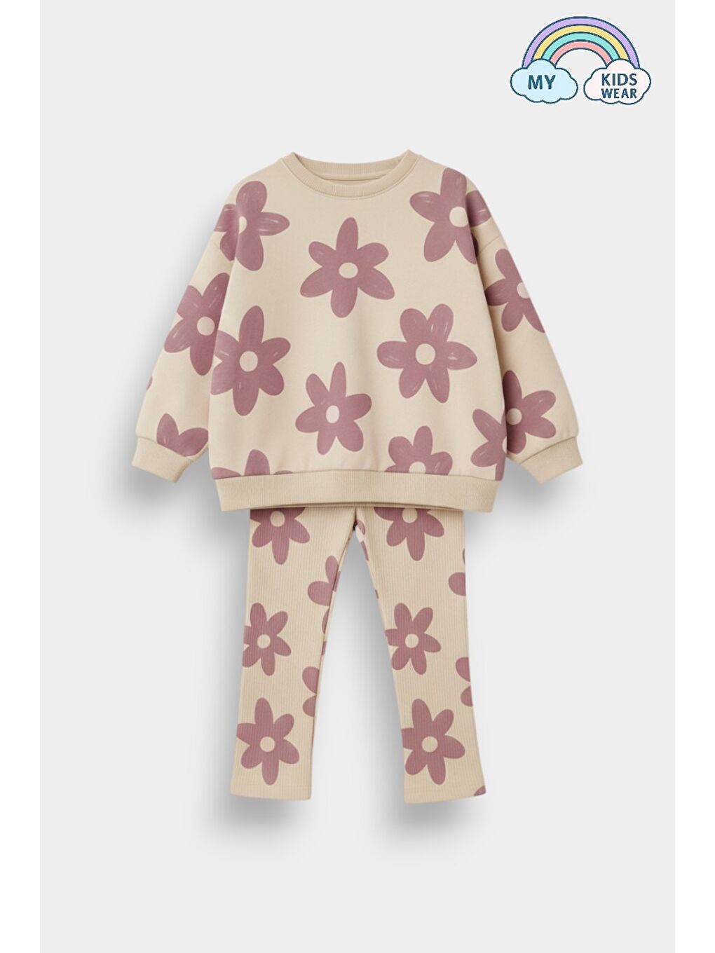 Bej Kız Çocuk Çiçek Desenli 2’li Sweat & Fitilli Tayt Takım 2-10 Yaş 12362-1