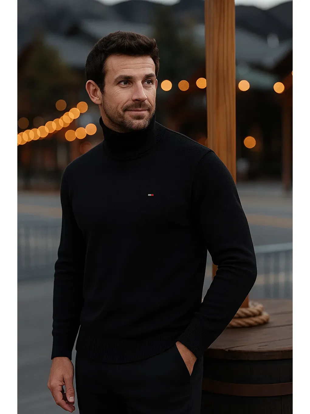 Erkek Günlük Dar Siyah Tam Balıkçı Yaka Kazak-3