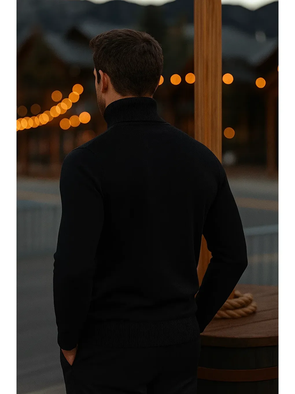 Erkek Günlük Dar Siyah Tam Balıkçı Yaka Kazak-4