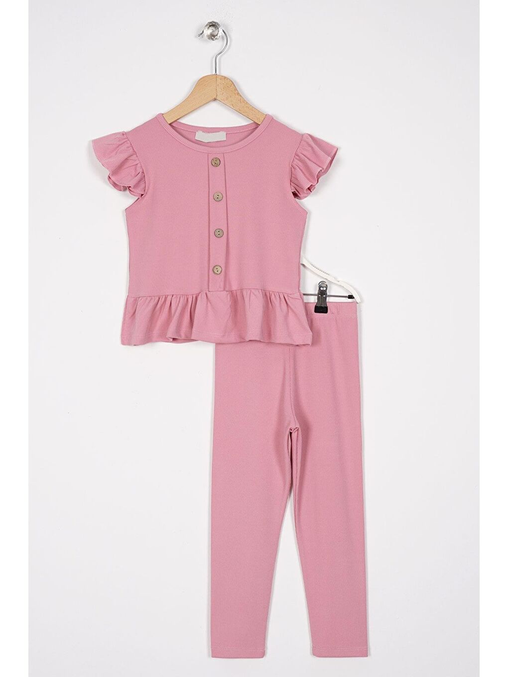 Pembe Kolları Fırfırlı Önü Düğme Aksesuarlı Kız Çocuk Taytlı Takım