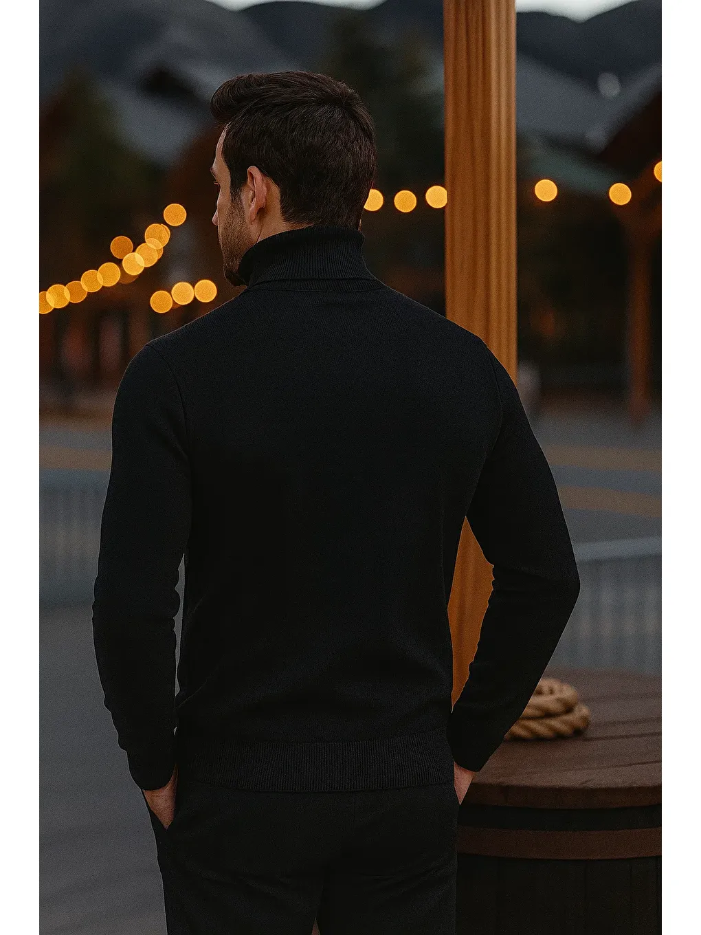 Erkek Günlük Dar Siyah Tam Balıkçı Yaka Kazak-5