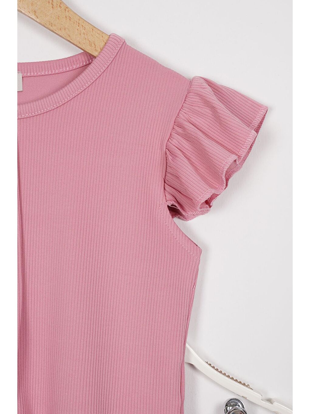 Pembe Kolları Fırfırlı Önü Düğme Aksesuarlı Kız Çocuk Taytlı Takım-1