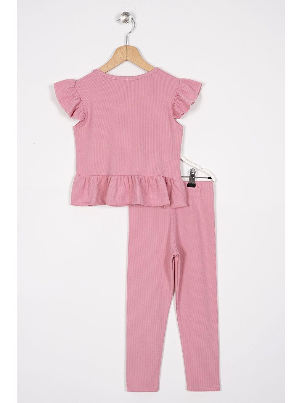 Pembe Kolları Fırfırlı Önü Düğme Aksesuarlı Kız Çocuk Taytlı Takım-2