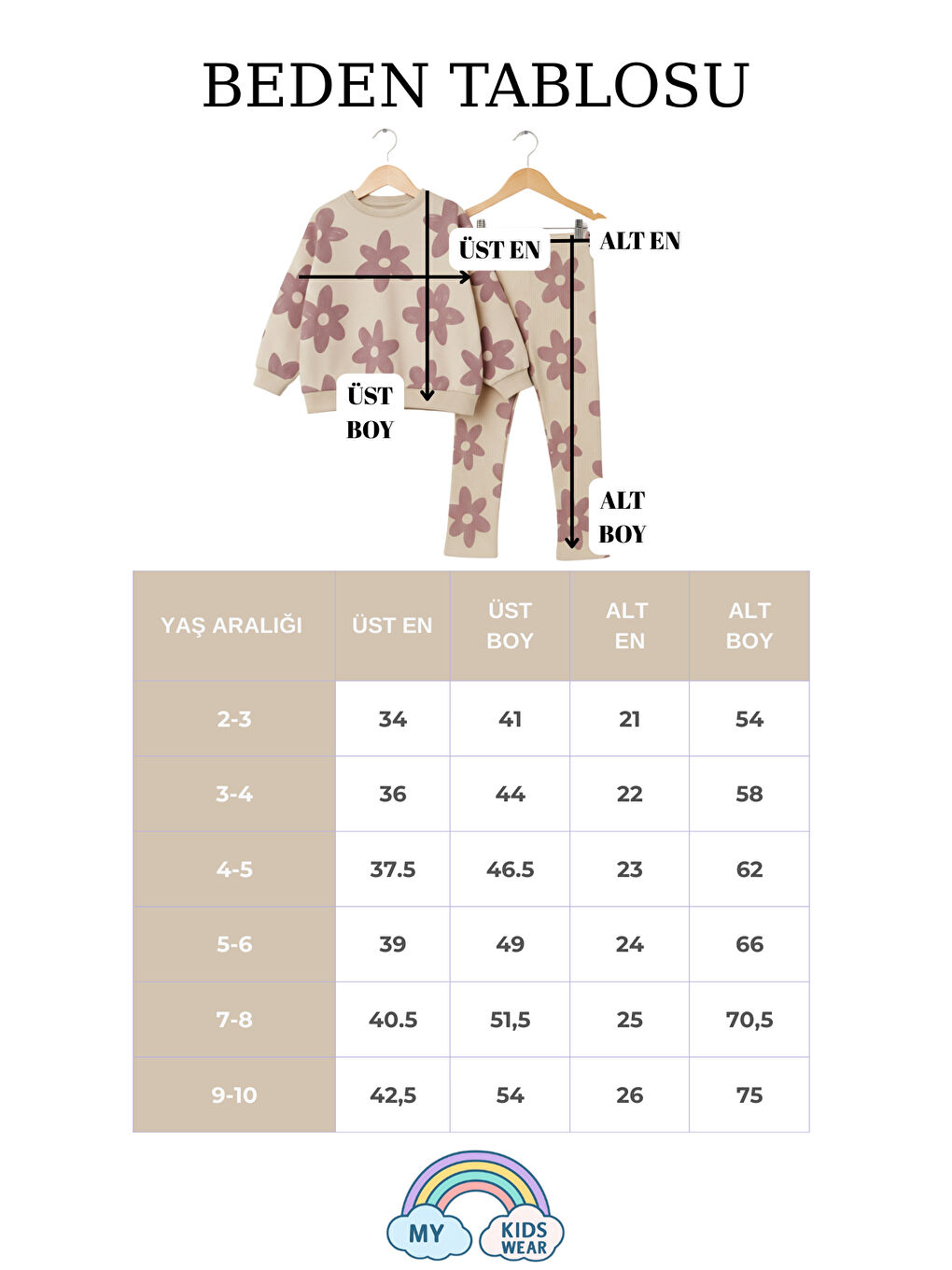 Bej Kız Çocuk Çiçek Desenli 2’li Sweat & Fitilli Tayt Takım 2-10 Yaş 12362-4