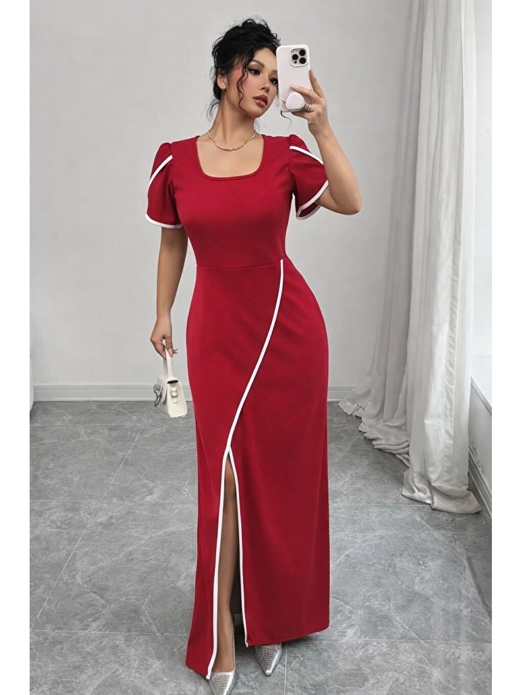 Kırmızı Kadın Kısa Kollu Kare Yakalı önden çapraz Kesim Detaylı Krep Elbise