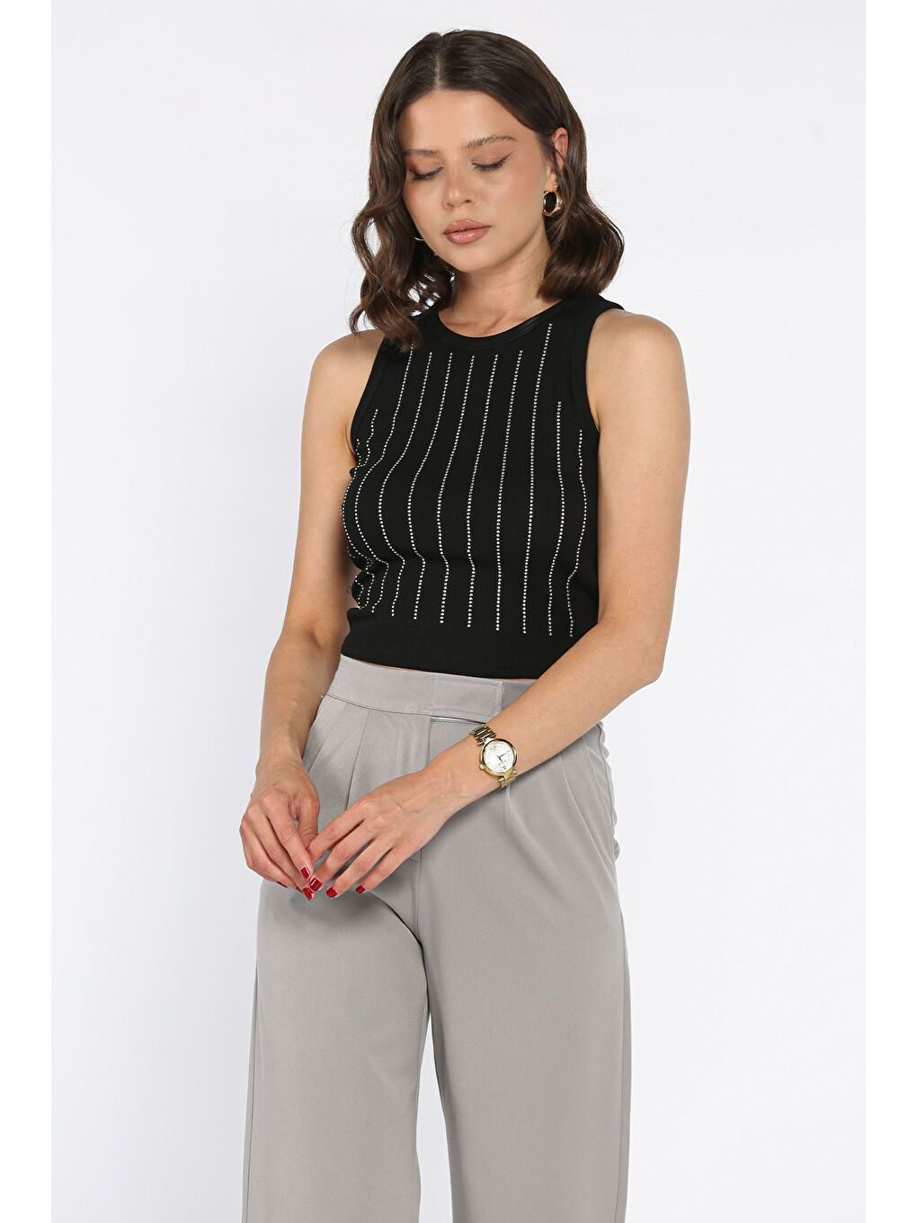 Siyah Kadın Elastanlı Taşlı Sıfır Kol Bluz-1