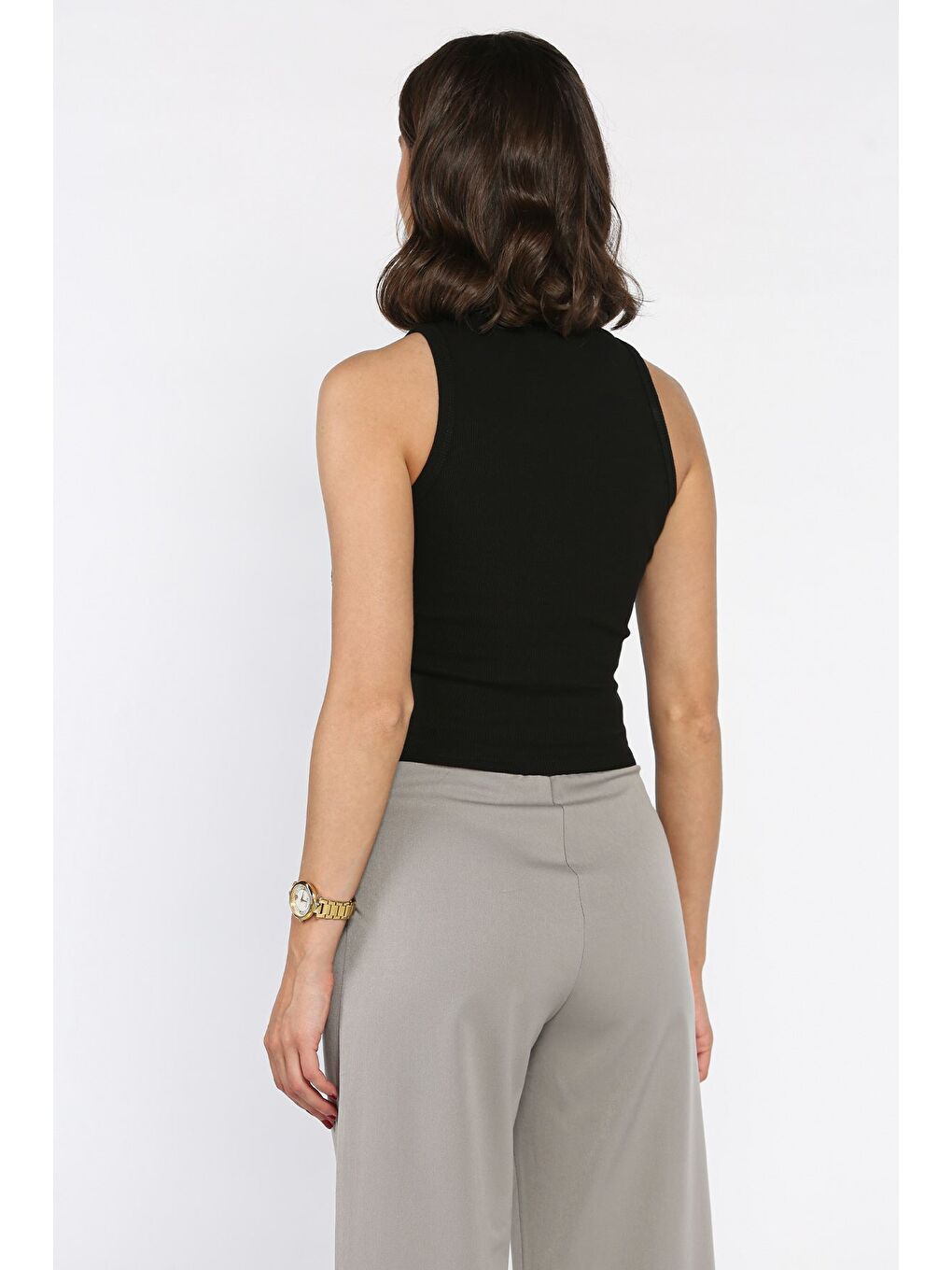 Siyah Kadın Elastanlı Taşlı Sıfır Kol Bluz-2