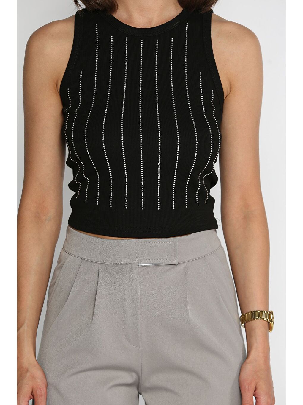 Siyah Kadın Elastanlı Taşlı Sıfır Kol Bluz-3