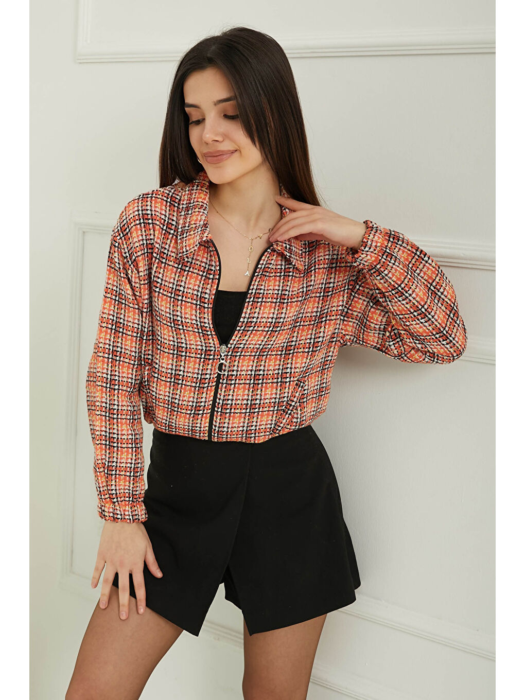 Turuncu Kadın Polo Yaka Ekose Desenli Fermuarlı Ceket Oranj - 13362