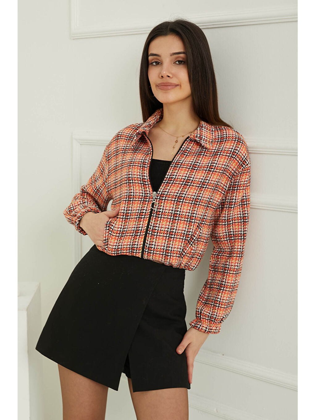 Turuncu Kadın Polo Yaka Ekose Desenli Fermuarlı Ceket Oranj - 13362-1