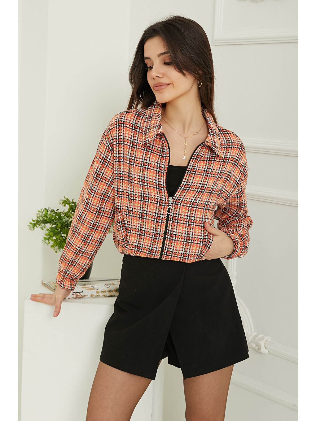 Turuncu Kadın Polo Yaka Ekose Desenli Fermuarlı Ceket Oranj - 13362-3