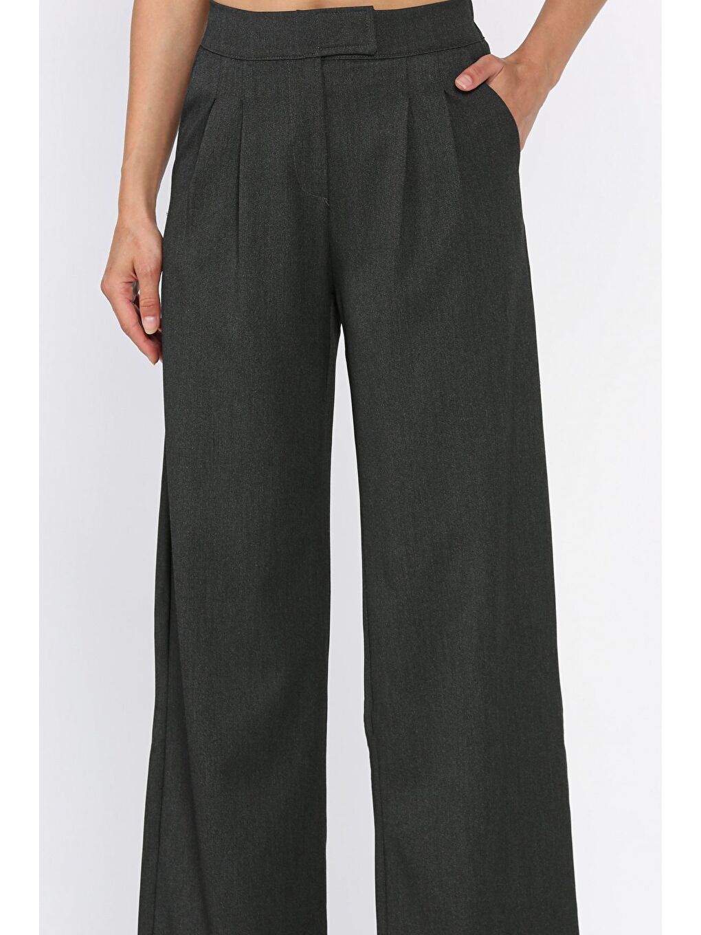 Antrasit Kadın Bel Lastikli Cırtlı Palazzo Pantolon-3