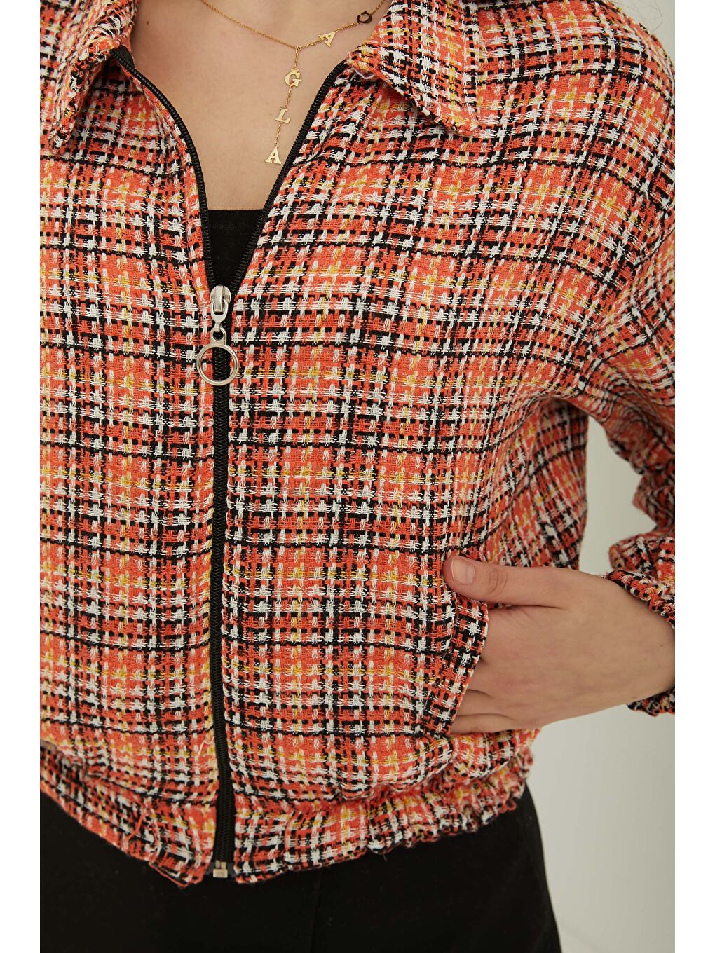 Turuncu Kadın Polo Yaka Ekose Desenli Fermuarlı Ceket Oranj - 13362-4