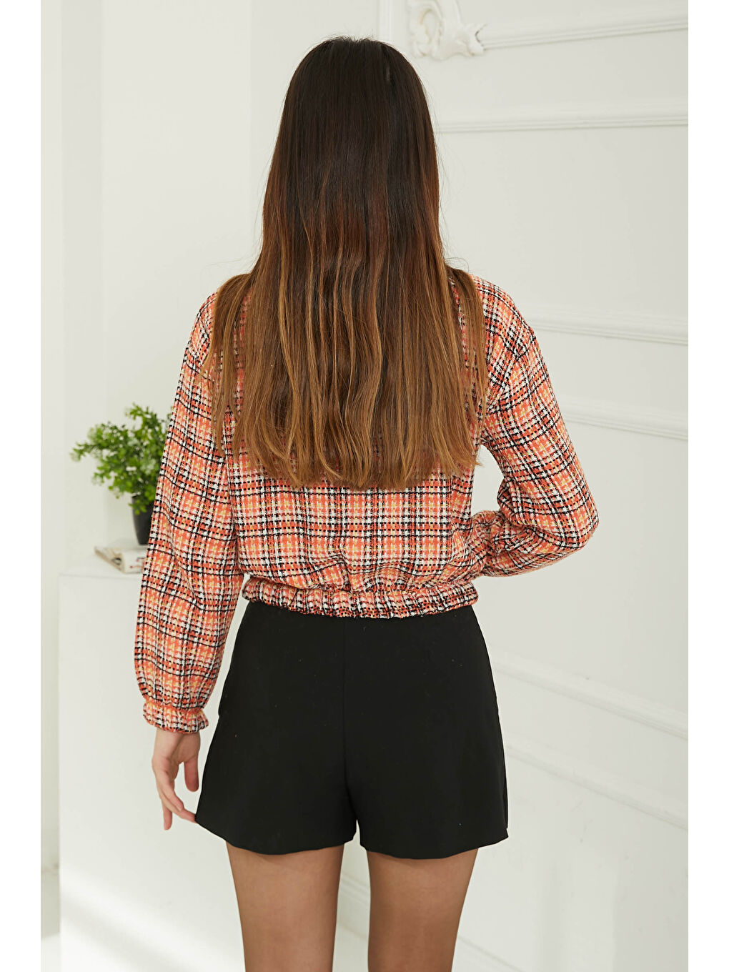 Turuncu Kadın Polo Yaka Ekose Desenli Fermuarlı Ceket Oranj - 13362-5