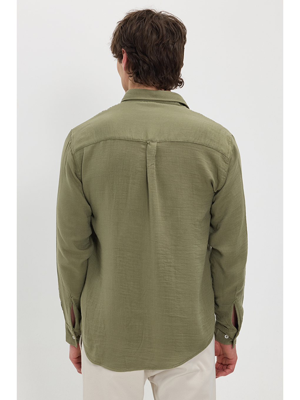 Erkek Relax Fit Rahat Kesim Oversize Müslin Viskon Pamuklu Tek Cepli Düz Haki Gömlek-5