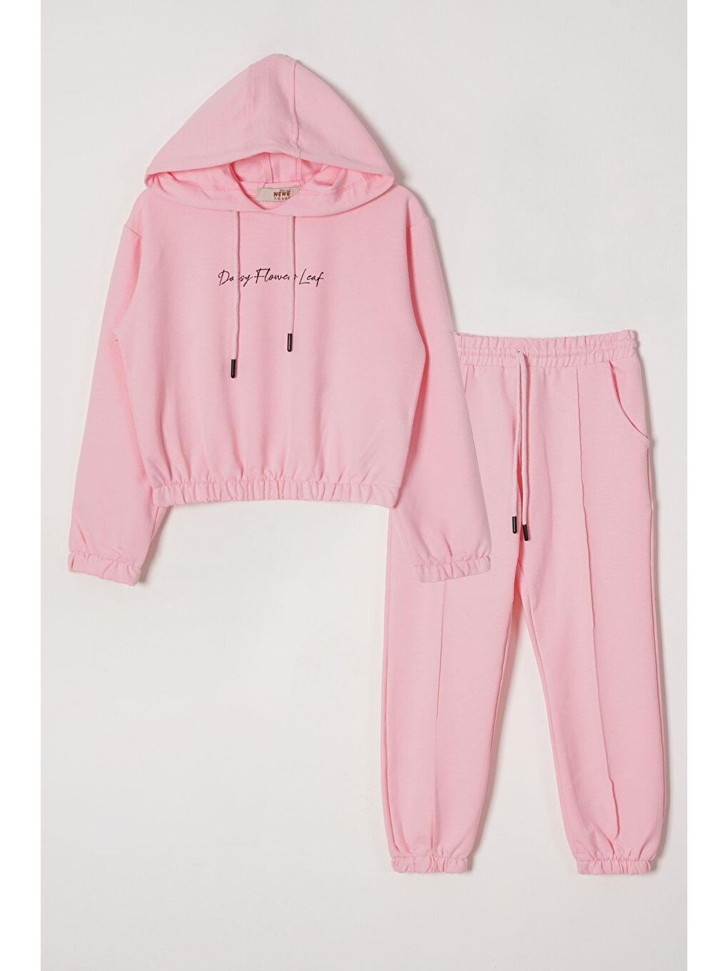 Pembe Kapüşonlu Daısy Flowrs Leaf Baskılı Kız Çocuk İkili Takım
