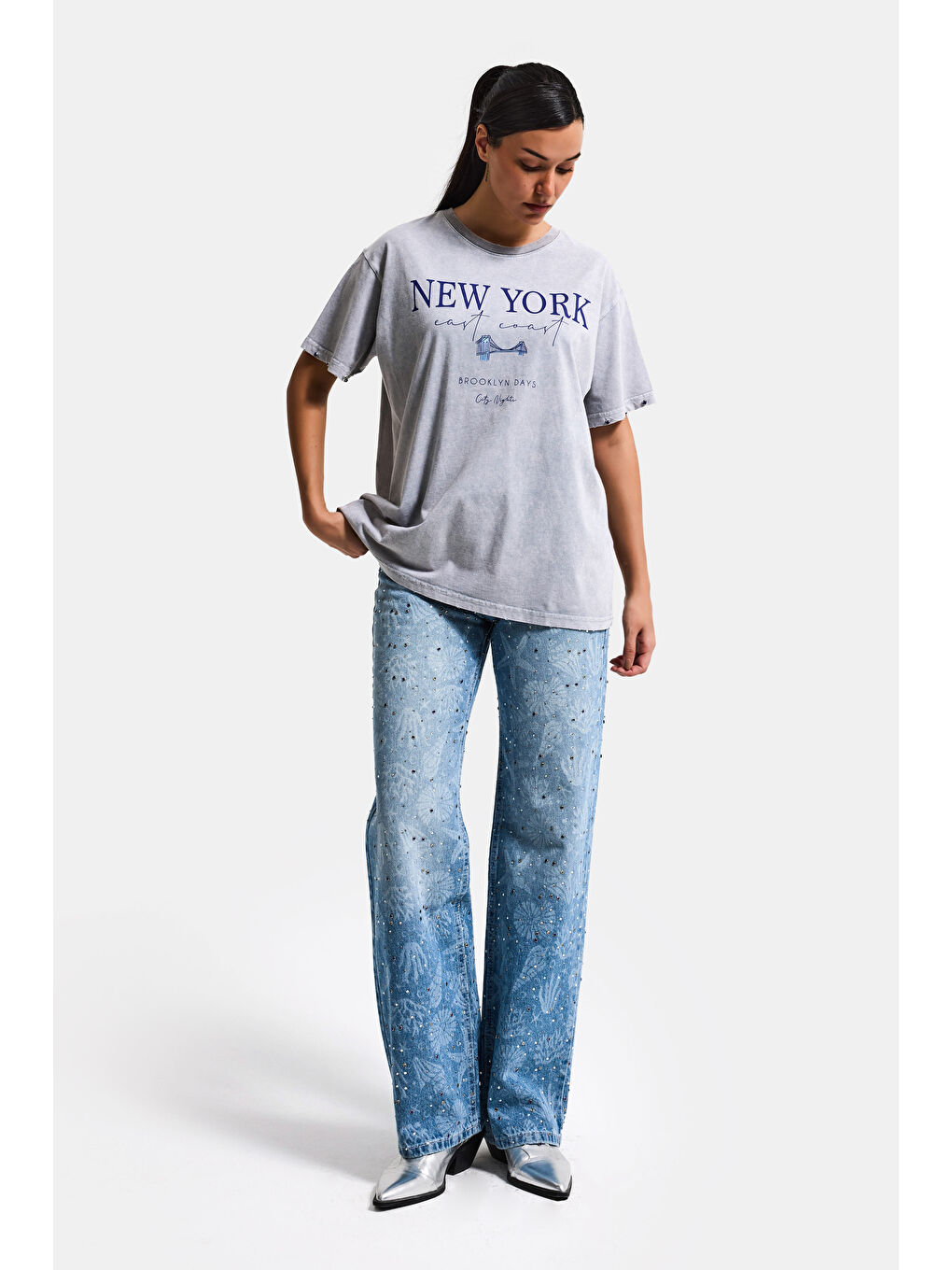 Kadın Antrasit s6-13 Oversize New York Baskılı T-Shirt-1