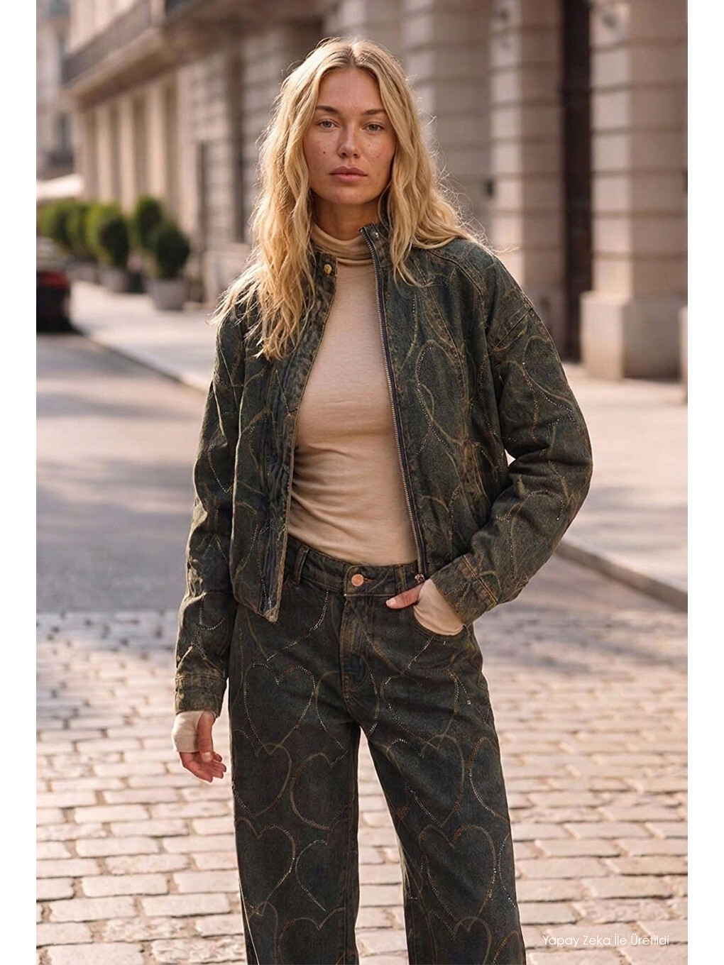 Mavi Kadın Koyu Jean T-9w6-8 Oversize Bomber Özel Desen Taş Tasarım Denim Ceket-5