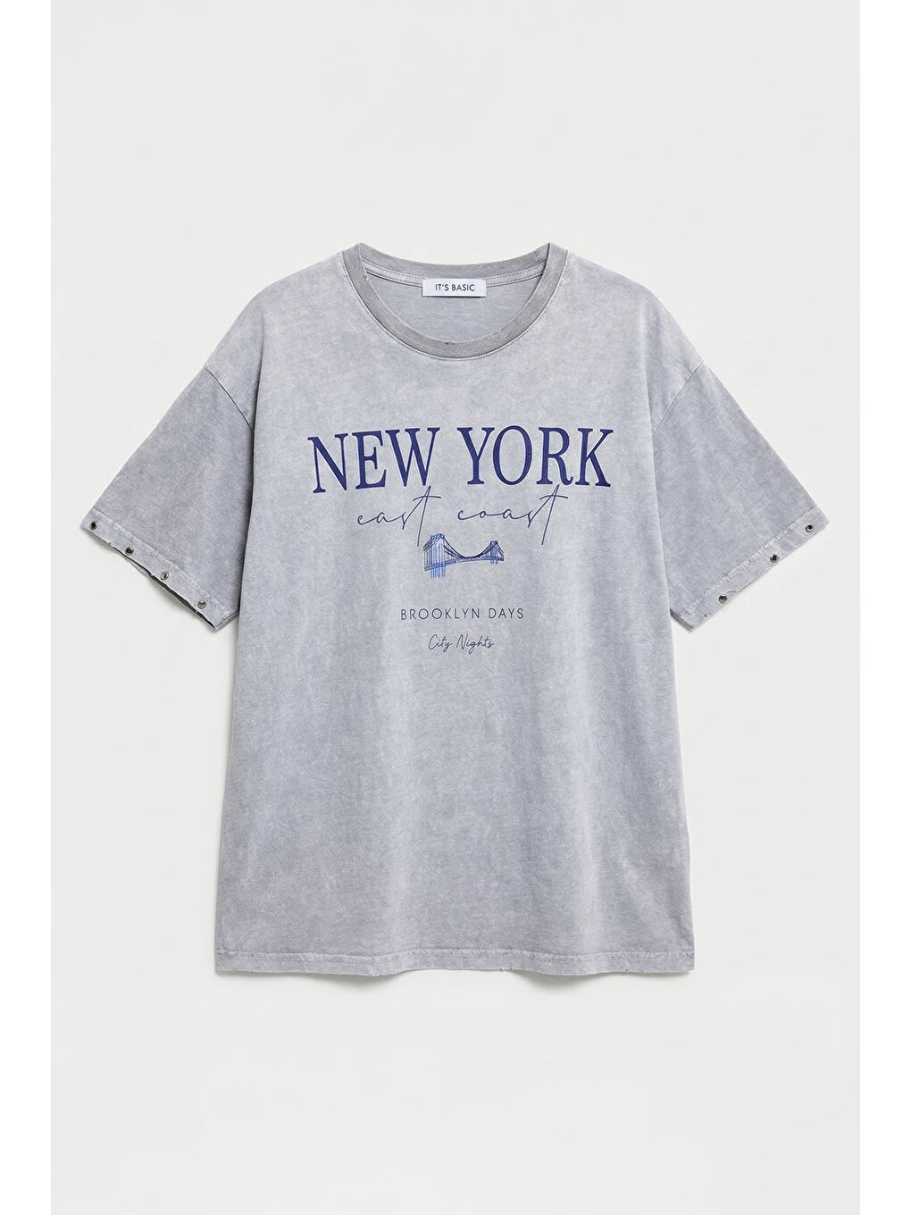 Kadın Antrasit s6-13 Oversize New York Baskılı T-Shirt-2