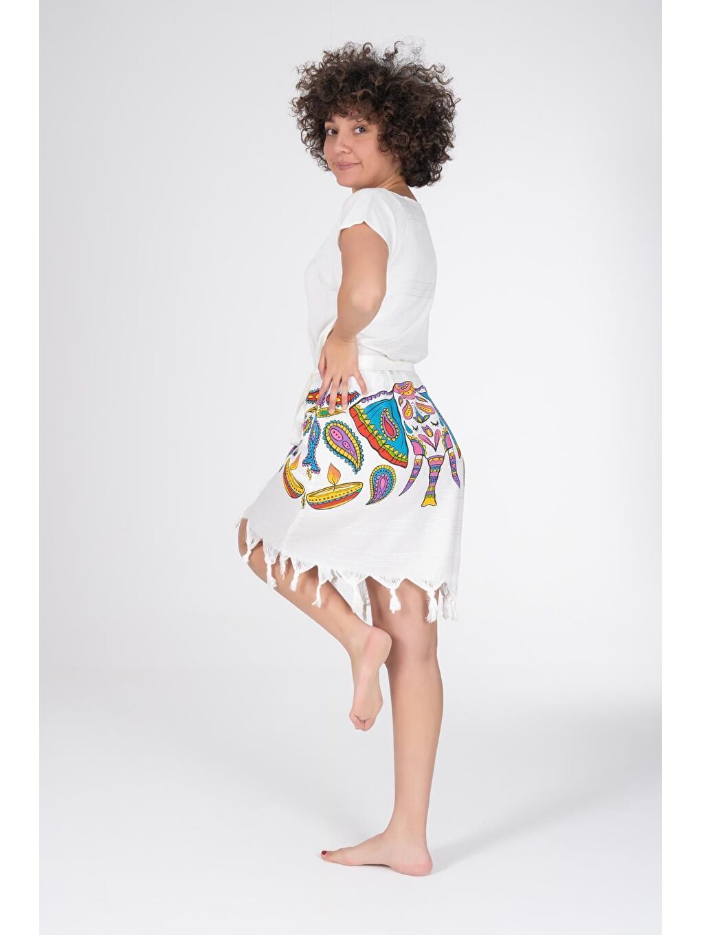 Ekru Baskılı Bambu Plaj Elbisesi-3