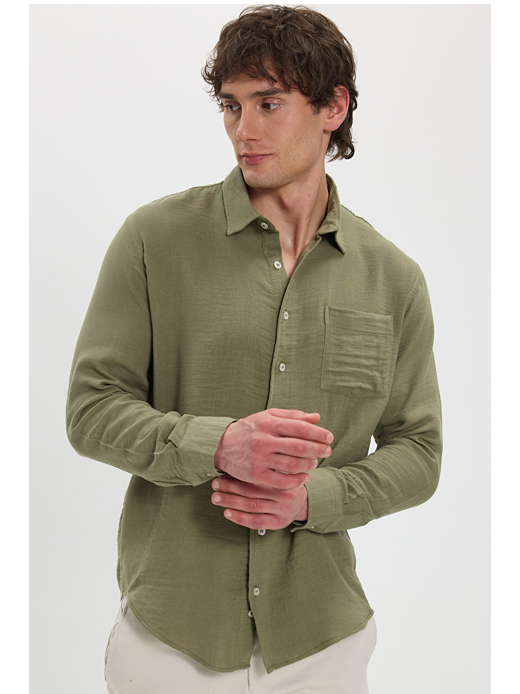 Erkek Relax Fit Rahat Kesim Oversize Müslin Viskon Pamuklu Tek Cepli Düz Haki Gömlek-6