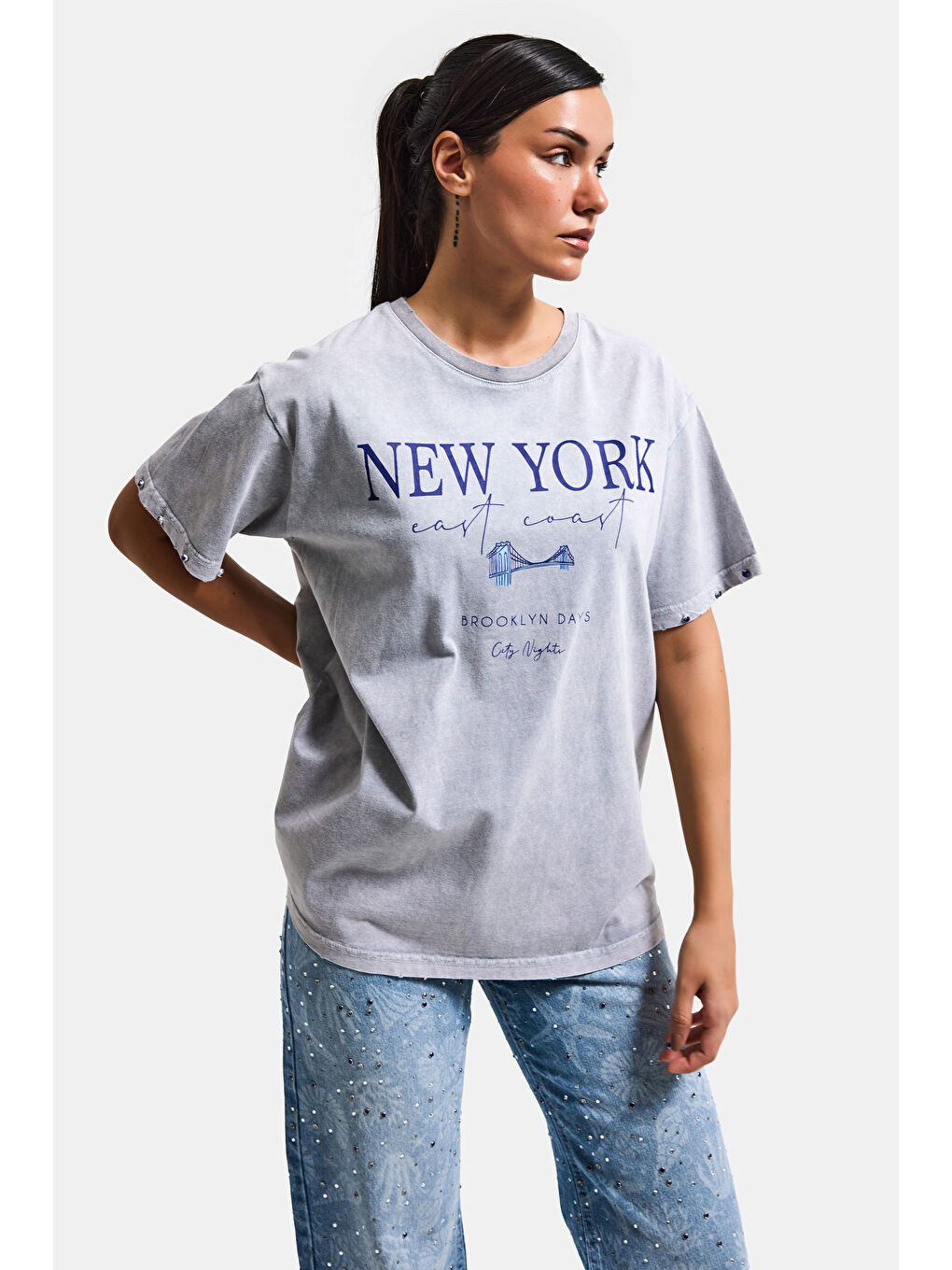 Kadın Antrasit s6-13 Oversize New York Baskılı T-Shirt-3