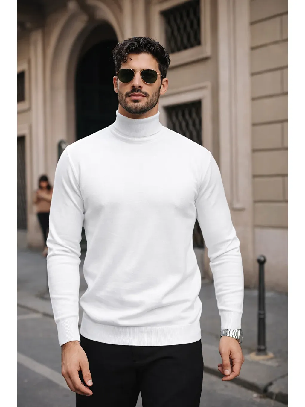 Erkek Kışlık Basic Slim Fit Uzun Beyaz Kazak-1