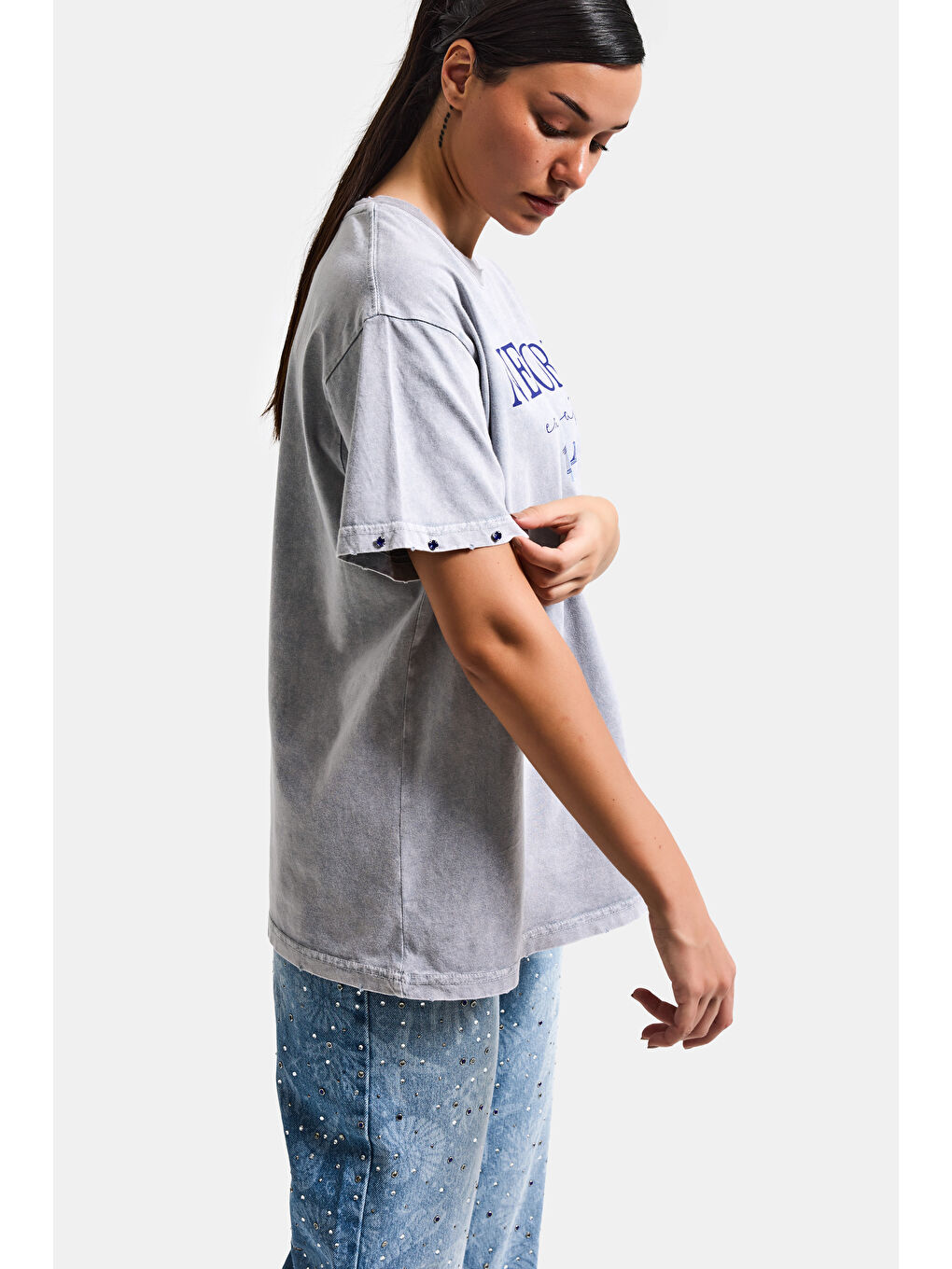 Kadın Antrasit s6-13 Oversize New York Baskılı T-Shirt-5