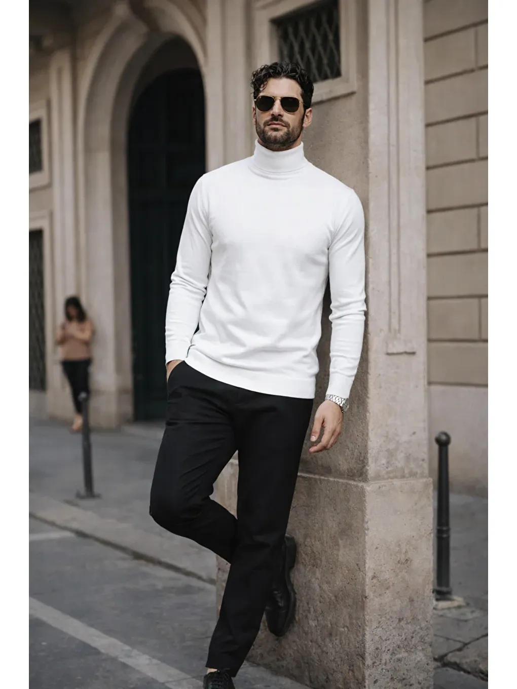 Erkek Kışlık Basic Slim Fit Uzun Beyaz Kazak-2