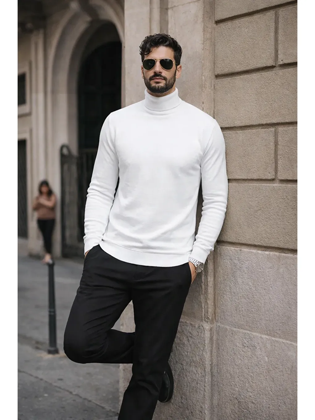 Erkek Kışlık Basic Slim Fit Uzun Beyaz Kazak-3