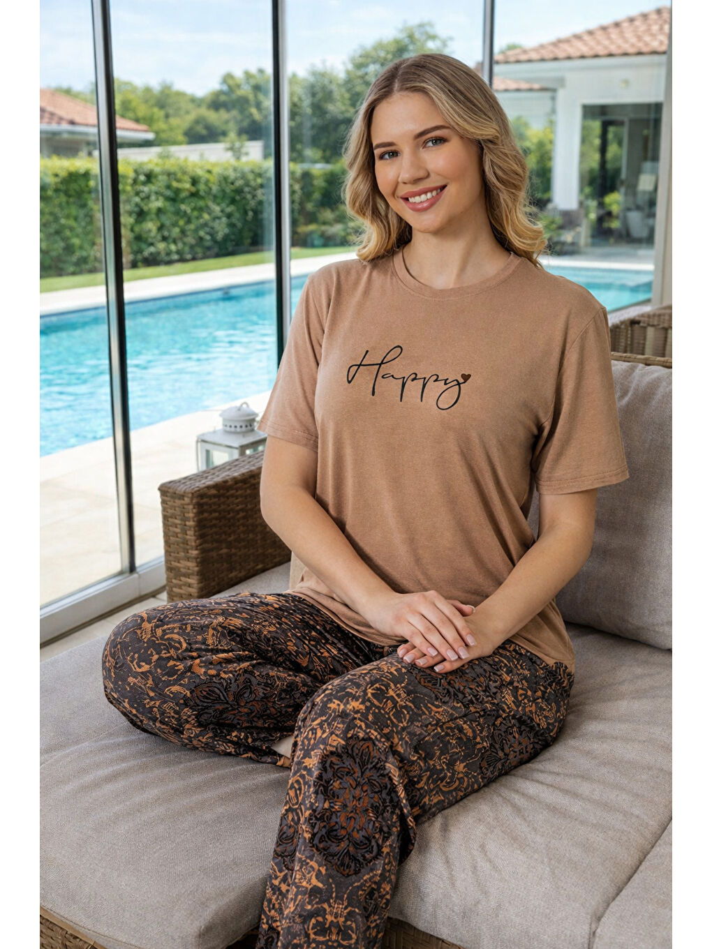 Kahverengi Kadın Desenli Kısa Kol Saphire Pijama Takımı 0641 Kahveeengi-1