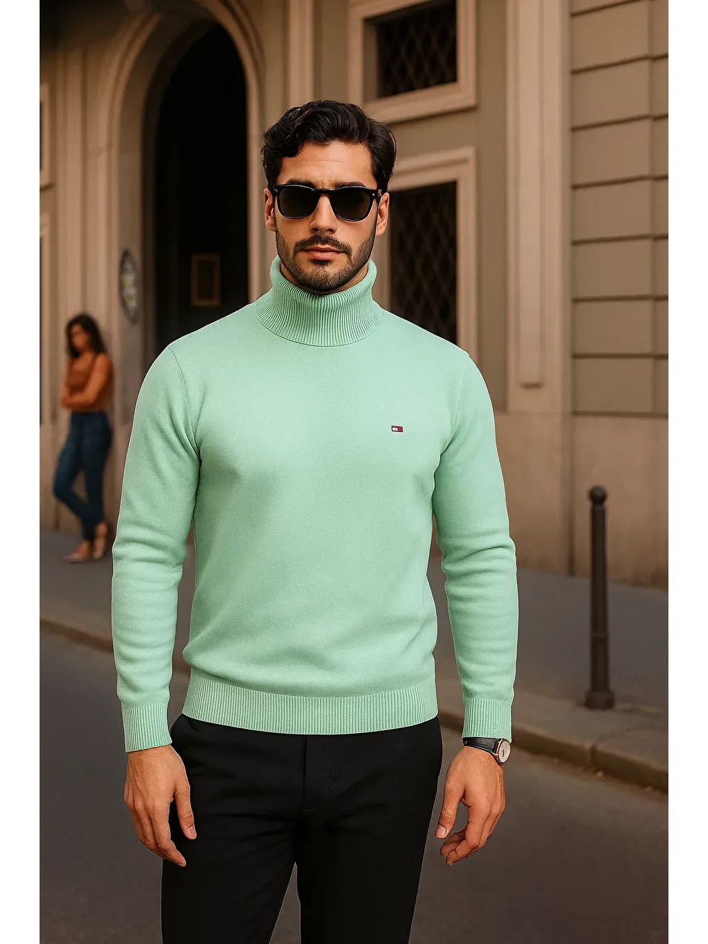 Yeşil Erkek Kışlık Basic Slim Fit Uzun Mint Kazak-2