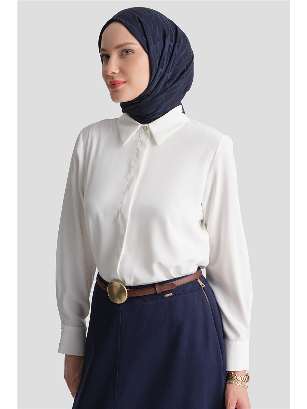 Gold Düğmeli Basic Gömlek Ekru-3